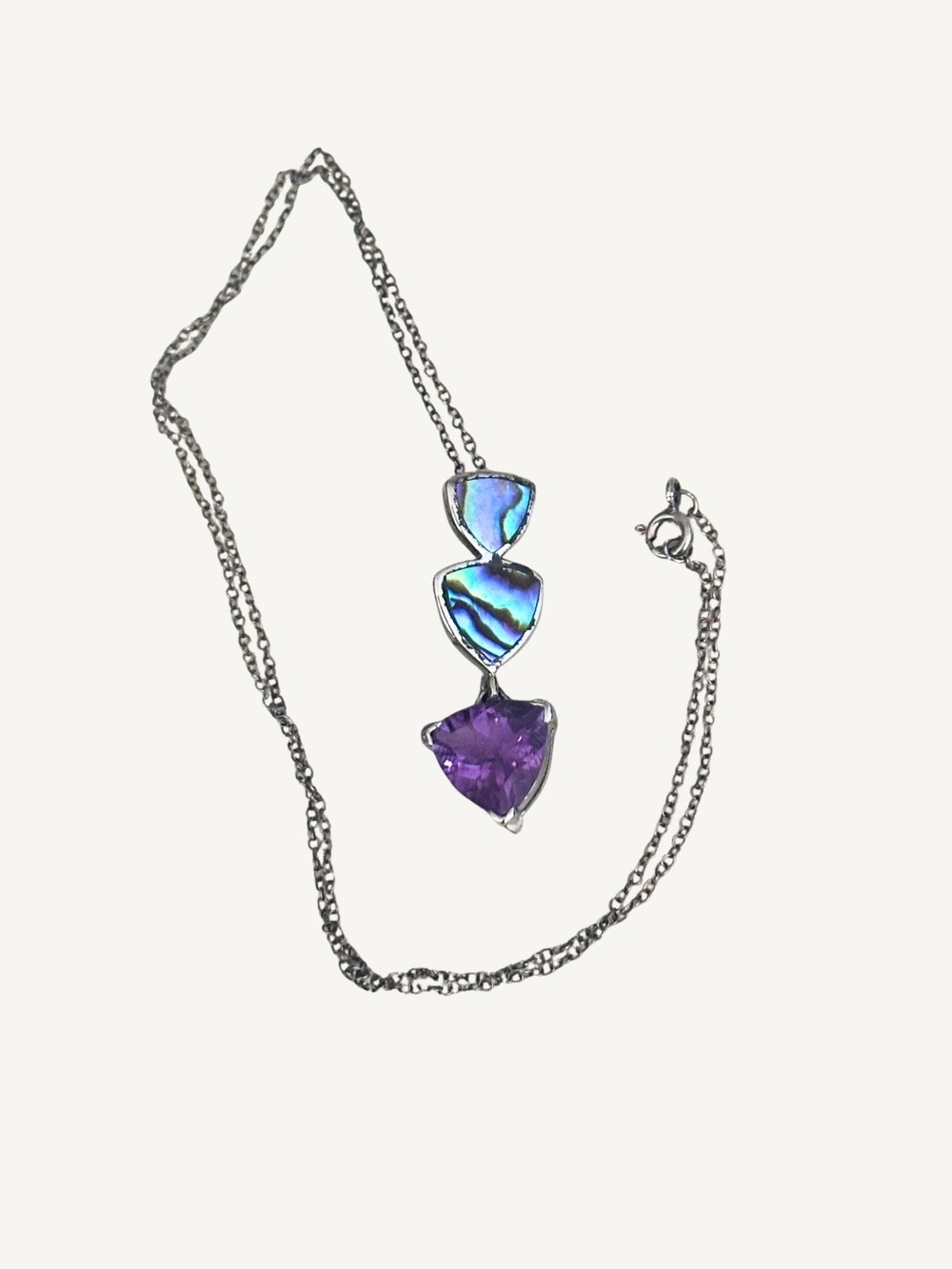 Sterling Amethyst Abalone Shell Pendant Necklace 17” Trillion Cut 925 Silver